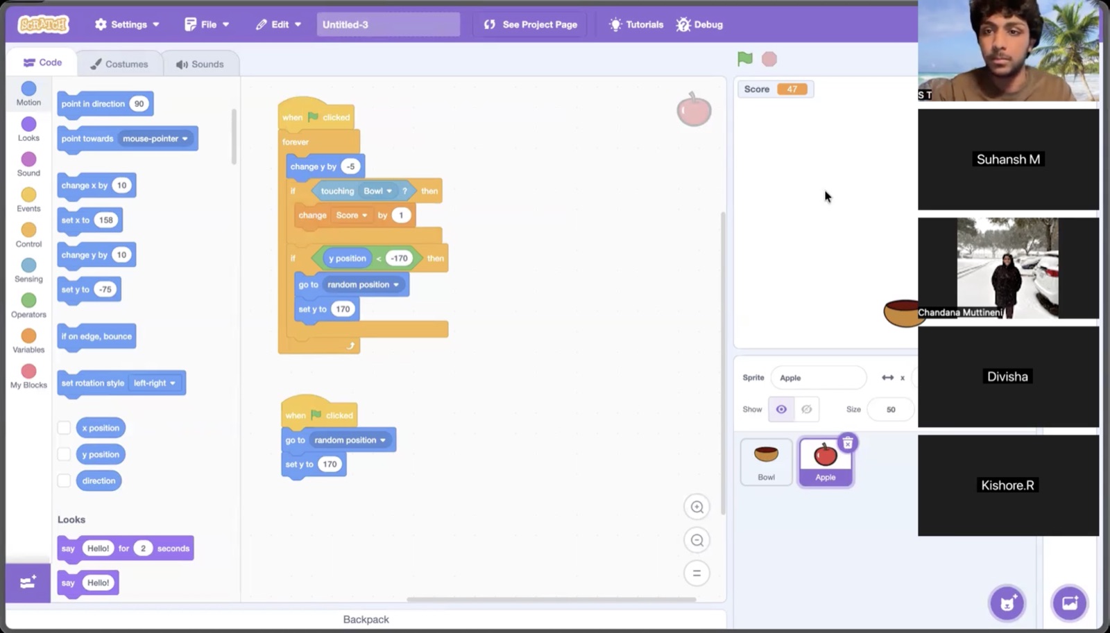 Scratch project built during a live virtual session: an apple-catching game with a score variable