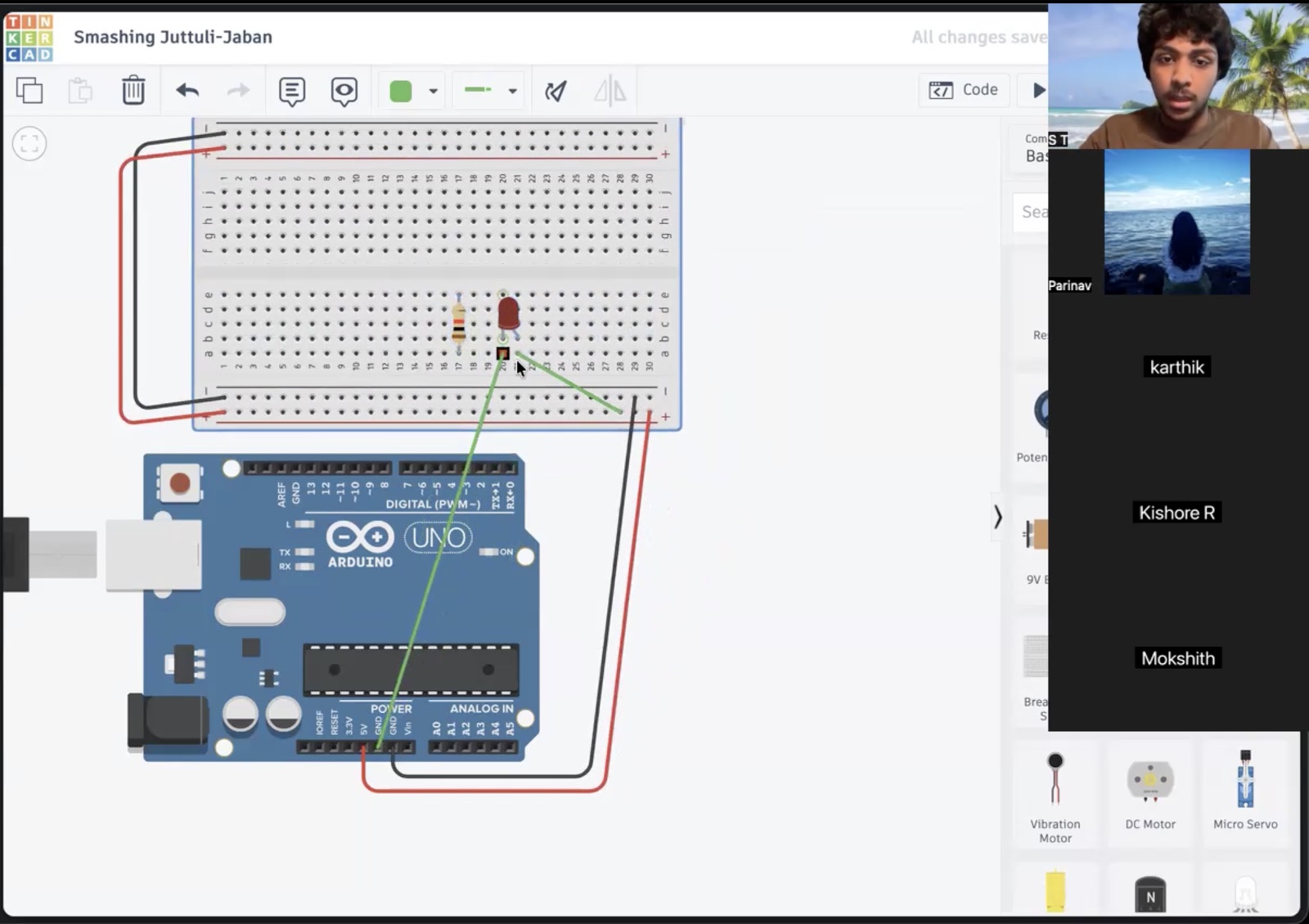 Tinkercad circuit simulation wiring an LED and resistor to an Arduino Uno